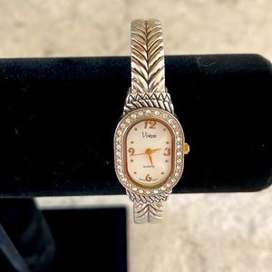Vintage Bracelet Watch Silver Tone w/Gold Accent and White Crystal